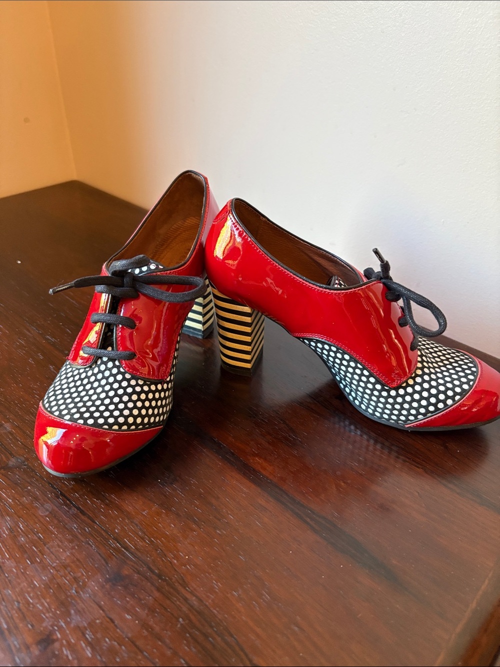 Red Polka Oxford Heels with Striped Block Heel eu size 35.